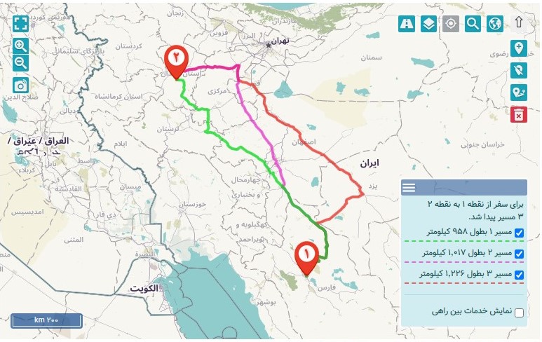 مسافت شیراز به همدان