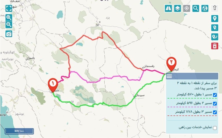 مسافت شیراز به کرمان